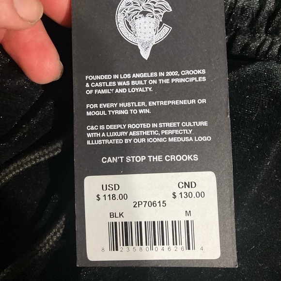 NWT Crooks & Castles Black Velour Joggers size Medium - Picture 7 of 7